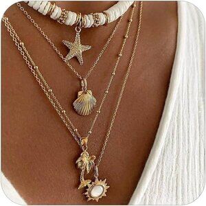 🆕 Women Gold Layered Shell Necklace Trendy Pearl Puka Flower Beaded Starfish